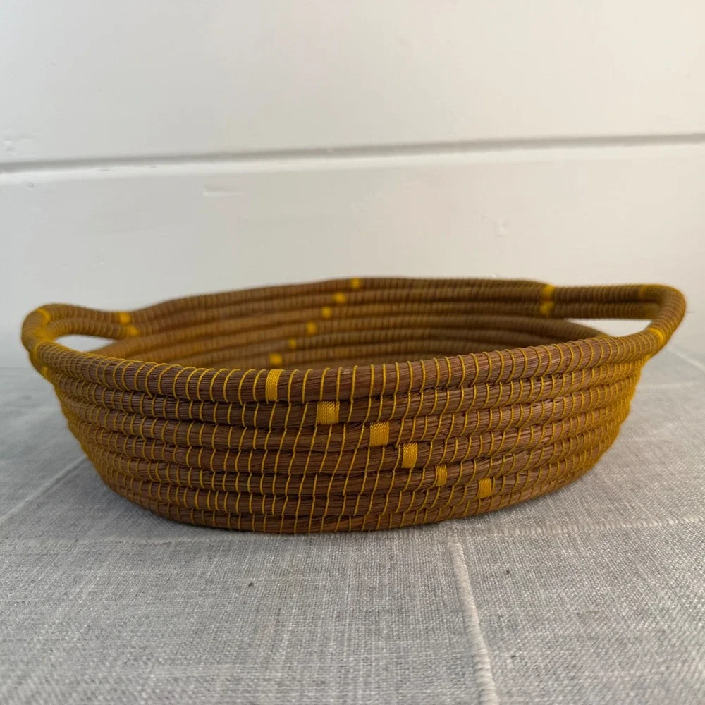 Pine Needle Woven Basket Yellow‎ Brown Cottagecore Round Basket 2 Handles 11